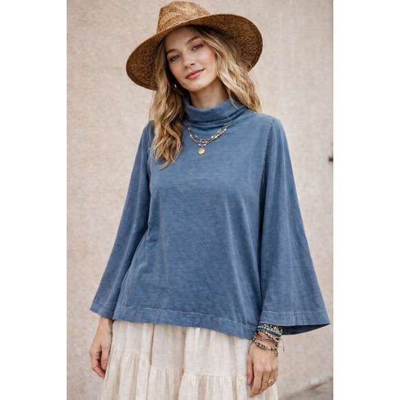 We The Free Tops - We The Free Funnel Neck Top Womens S Blue Oversized Boho Cotton OB1122008